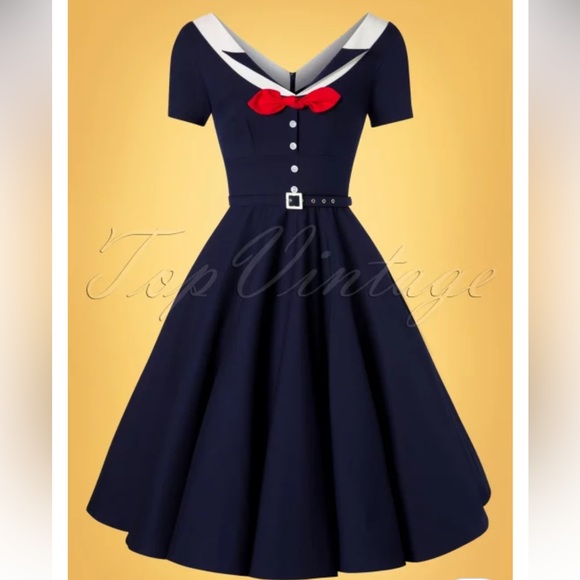 50s GLAMOUR Nautical Inspired Bombshell Navy Swing Dress Vintage Style 🎀 - Picture 1 of 10